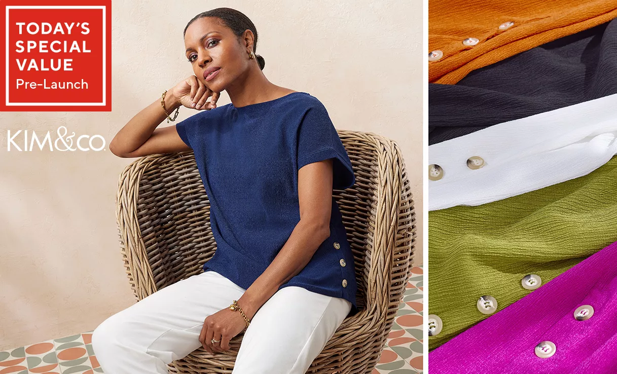 Spread the cost of this Kim & Co Stretch Crinkle Knit Short Top with Dolman Sleeve & Buttons