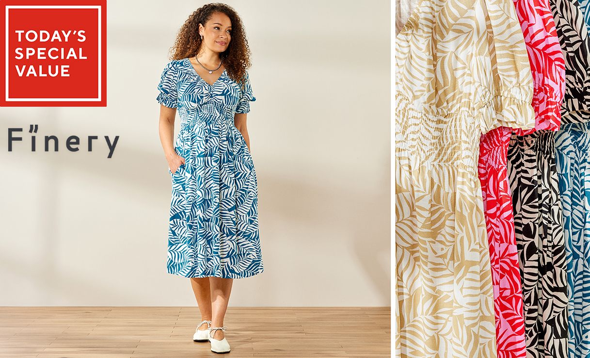 Spread the cost of this Finery London Contrast Palm Printed Viscose Slub Dress